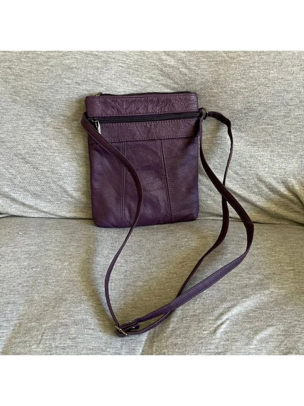 Purple Leather Crossbody Bag With Multiple Zipper Compartments & Adjustable Stra - Picture 1 of 5